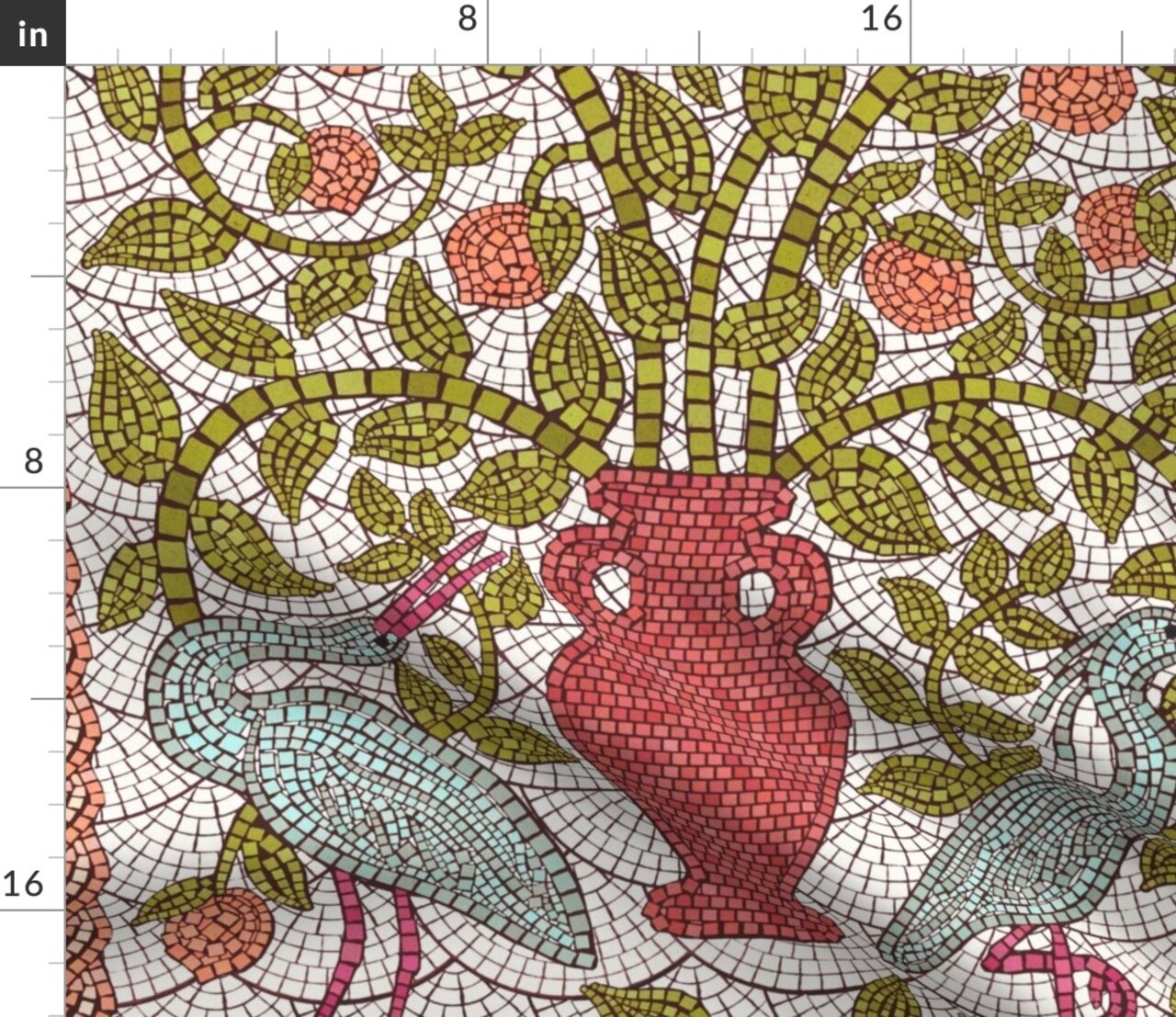 Birds Stone Fruit Art Deco Lemon Crane Heron Peaches Arts And Crafts Amphora Tree Faux Mosaic Large Scale Custom Printed Fabric by Spoonflower Various Fabrics by the Yard or Fat Quarter